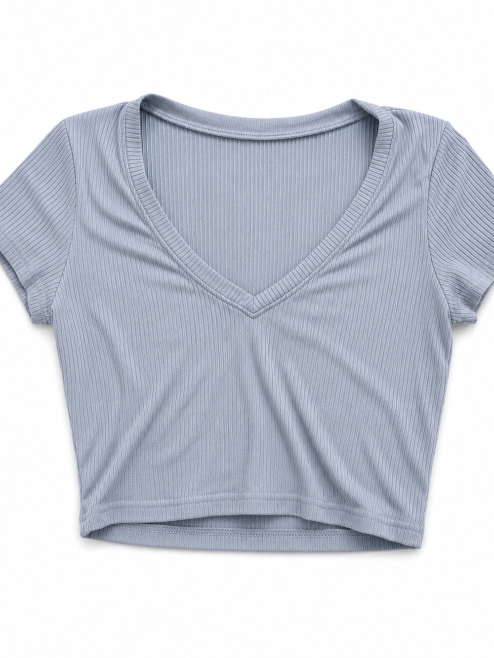 Tag less V-Neck Ribbed Crop Top - Light Blue